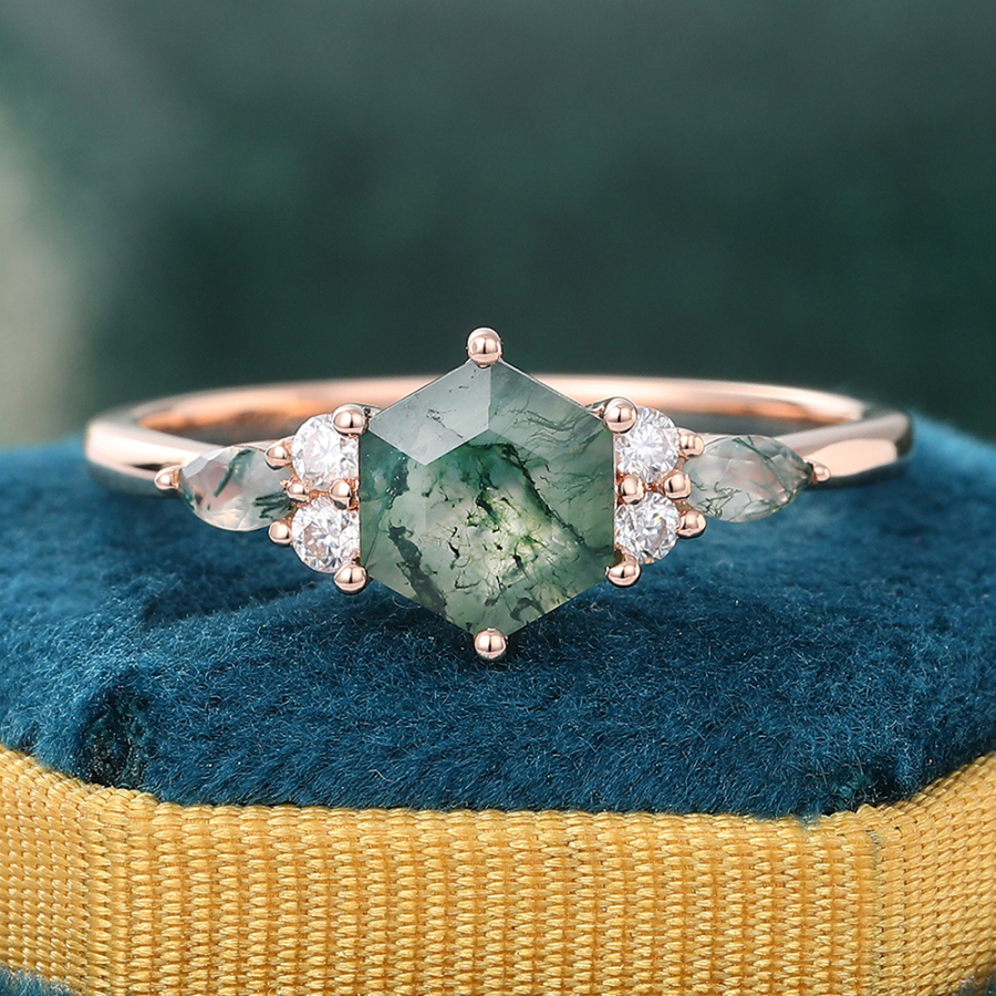 Hexagon Cut Moss Agate Ring Unique Engagement Ring in 14K Rose Gold