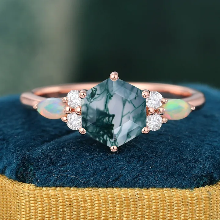 Juyoyo Vintage Hexagon Cut Moss Agate Ring Rose Gold