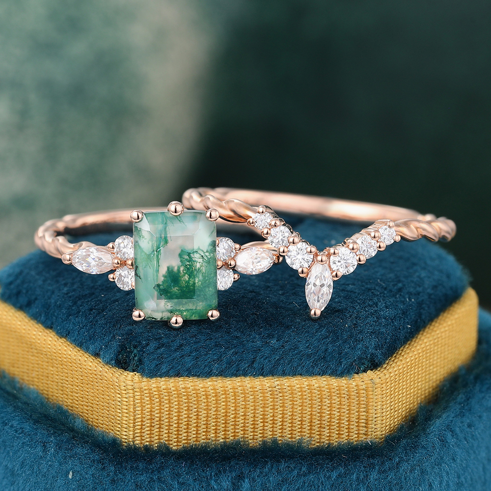 Juyoyo Emerald Cut Moss Agate & Moissanite Accents Ring Set Twisted Engagement Ring - 2pcs
