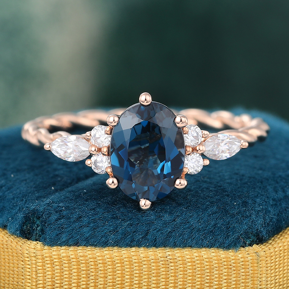 Juyoyo Oval Cut London Blue Topaz and Diamond Ring Twisted Engagement Ring 14K Rose Gold
