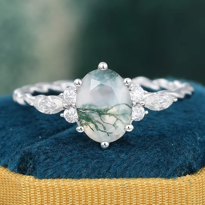 Oval Cut Moss Agate Ring with Diamond Accents Twisted Engagement Ring