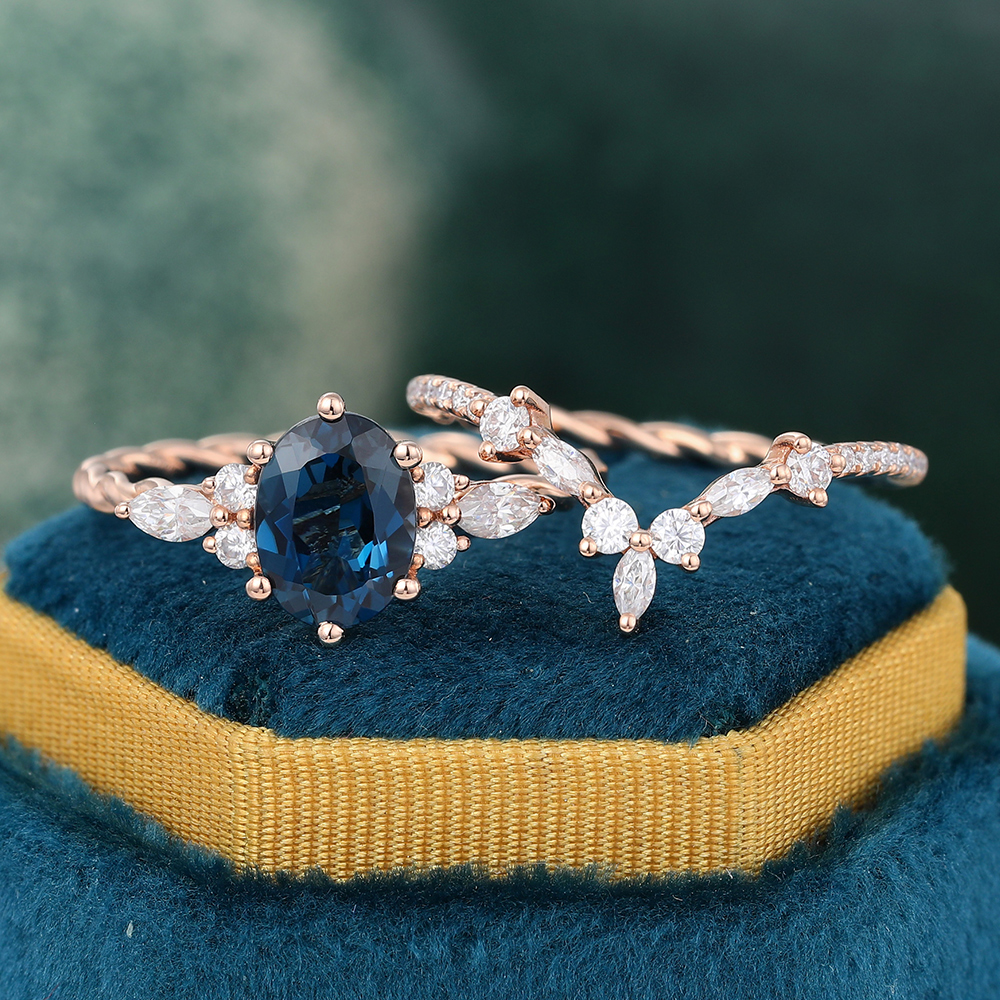 Juyoyo Oval London Blue Topaz Engagement Ring Set Vintage Twisted Wedding Band Rose Gold