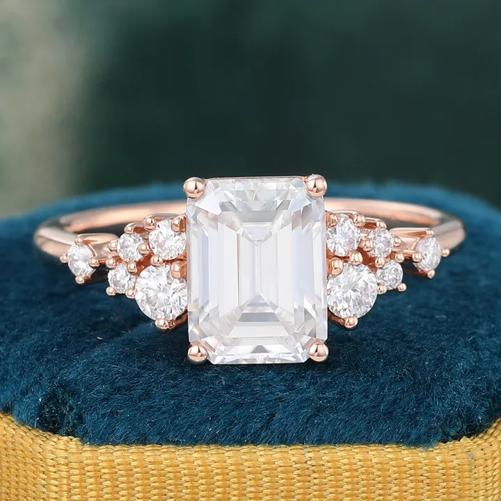 Emerald Cut Moissanite Engagement Ring Vintage Diamond Cluster Ring for Women