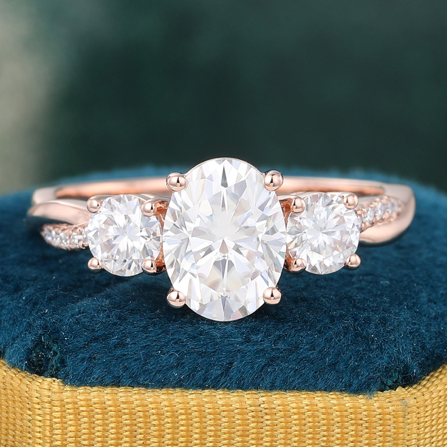 Oval Moissanite Trinity Engagement Ring Unique 3 Stone Engagement Ring