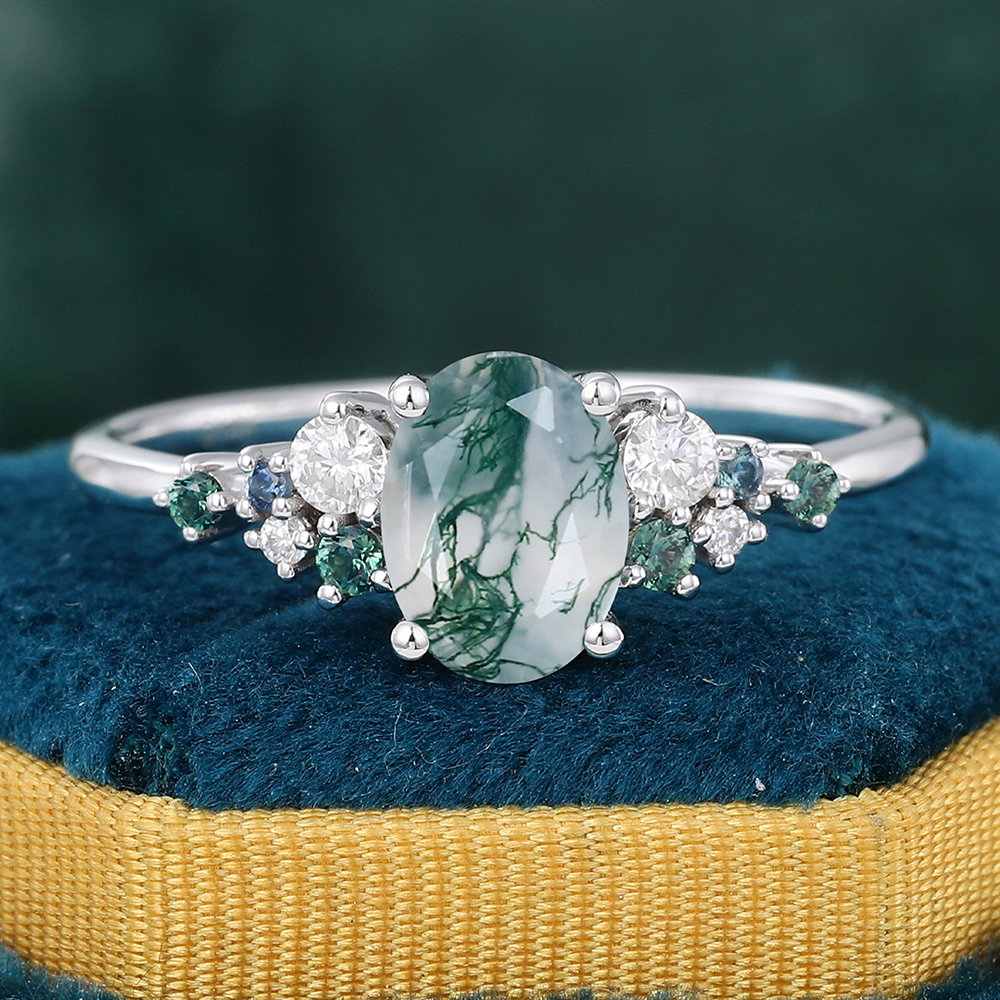 Hexagon cut offers moss agate ring vintage green moss agate engagement ring rose gold unique cluster engagement ring diamond wedding ring for women