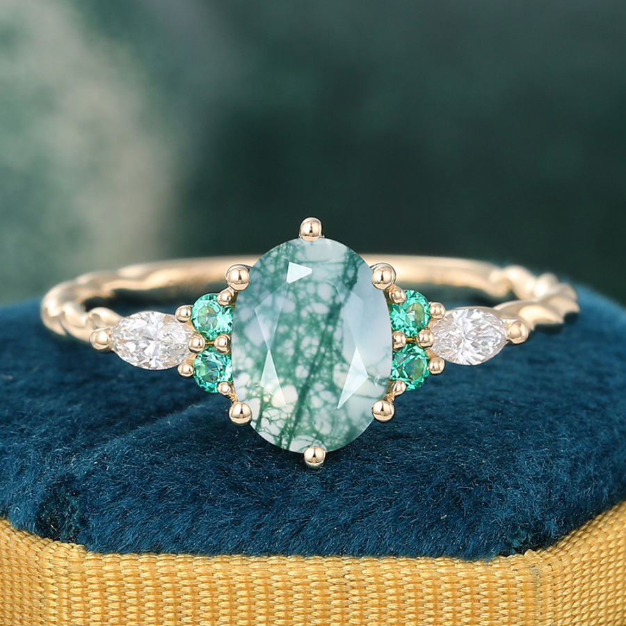 Oval Moss Agate Twisted Engagement Ring with Emerald & Diamond Accents
