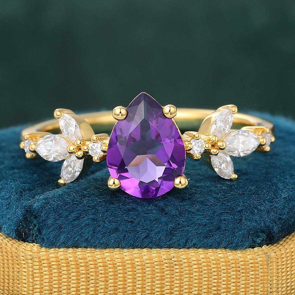 Juyoyo 14K Gold Pear Shaped Purple Amethyst Vintage Leaf Engagement Ring February Birthstone Gift