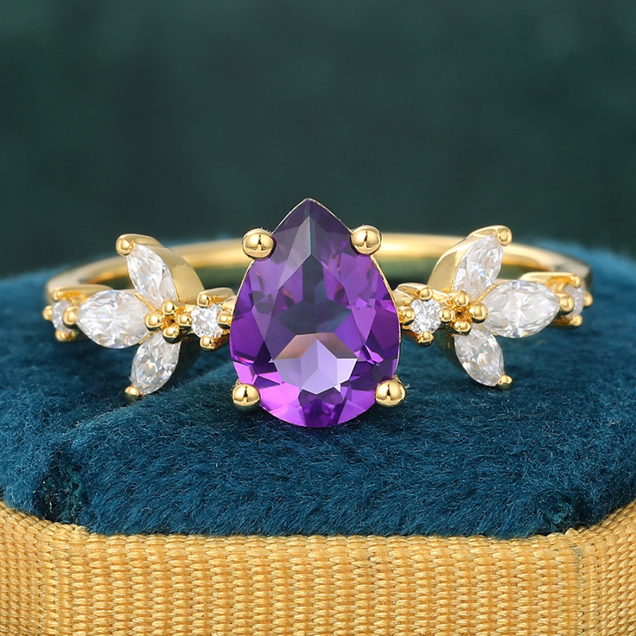 14K Gold Pear Shaped Purple Amethyst Vintage Leaf Engagement Ring February Birthstone Gift