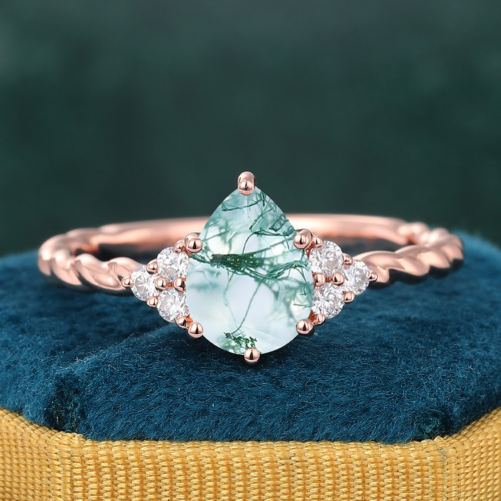Pear Moss Agate Engagement Ring Twisted Ring with Moissanite Accents