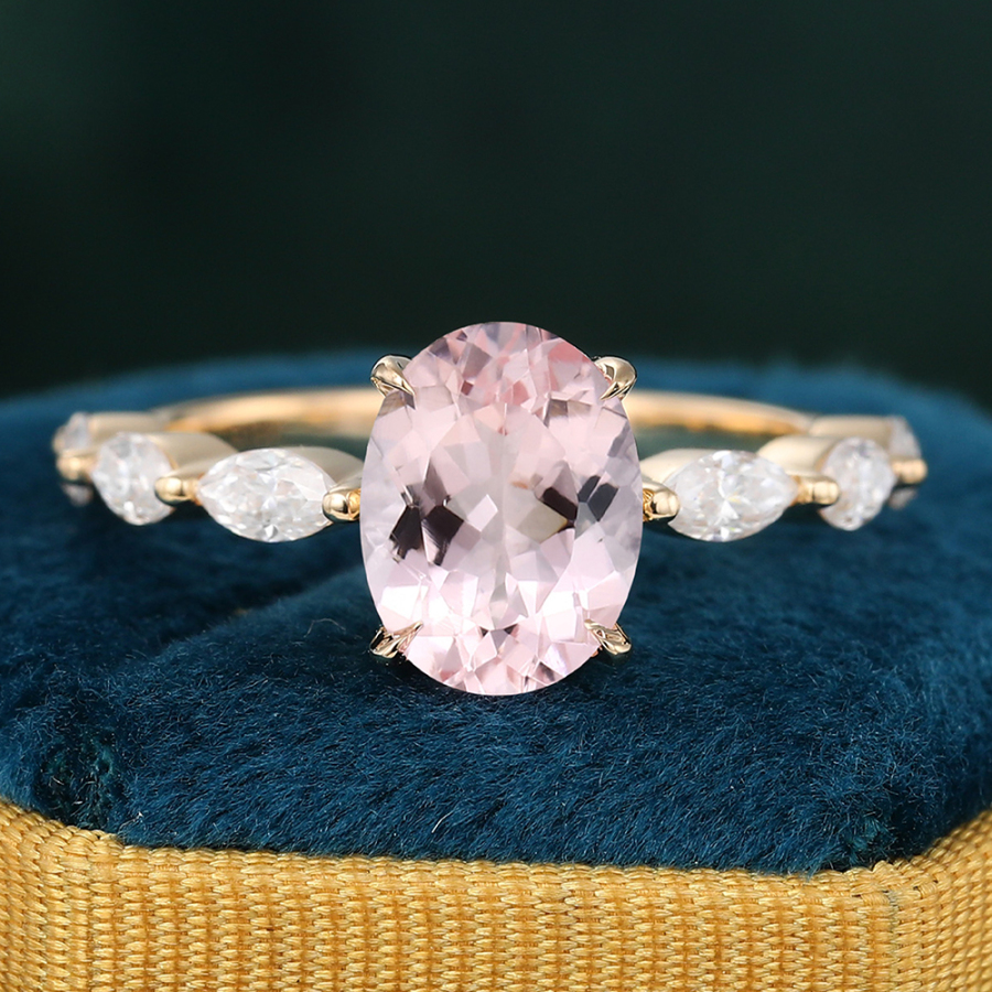 Oval Cut Morganite Engagement Ring with Marquise Moissanite Accents