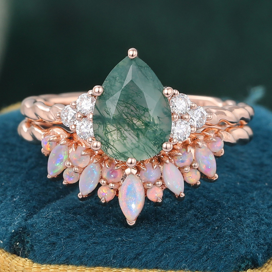 Juyoyo Pear Moss Agate Engagement Ring and Opal Wedding Band