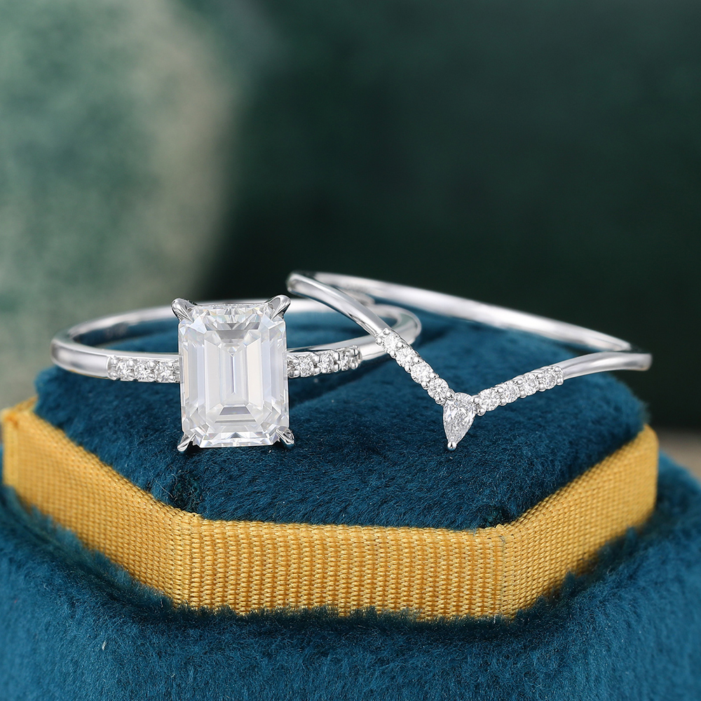 Vintage Emerald Cut Moissanite Engagement Ring Set Solid 14K White Gold Bridal Set - 2pcs
