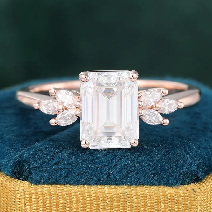 Vintage Emerald Cut Moissanite Engagement Ring Diamond Accents Bridal Ring
