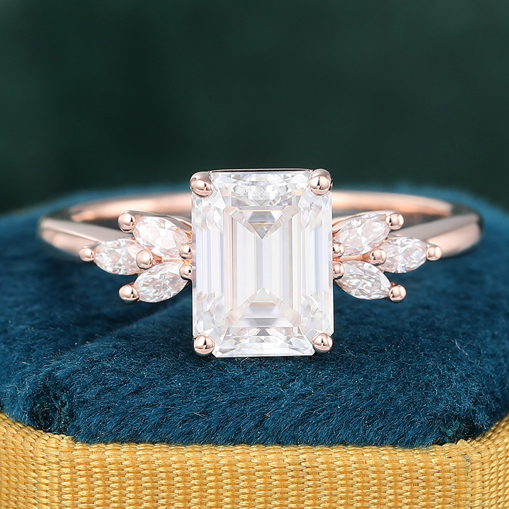 Vintage Emerald Cut Moissanite Engagement Ring Diamond Accents Bridal Ring