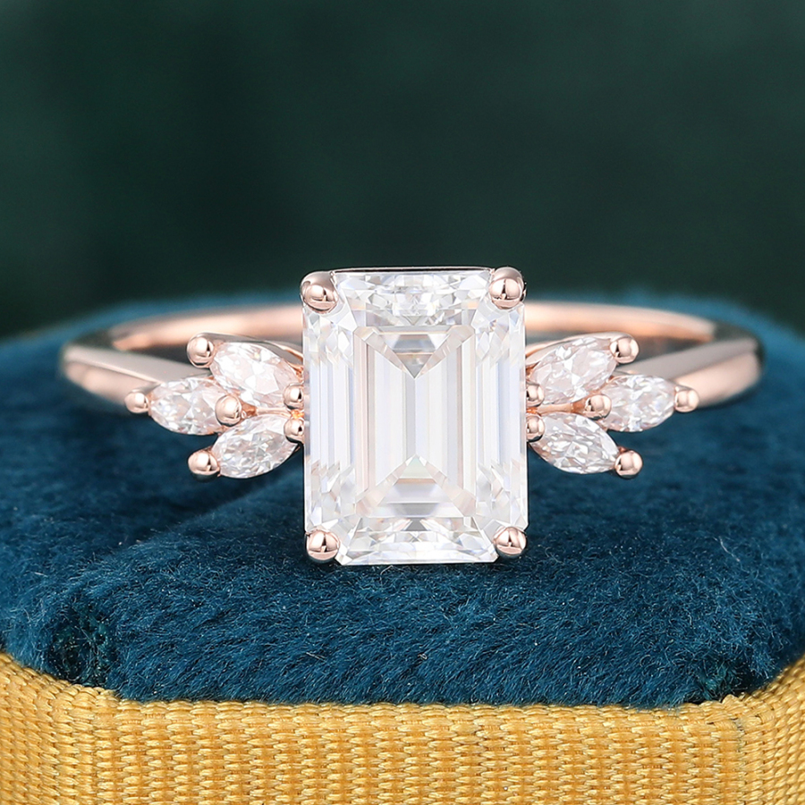 Vintage Emerald Cut Moissanite Engagement Ring Diamond Accents Bridal Ring
