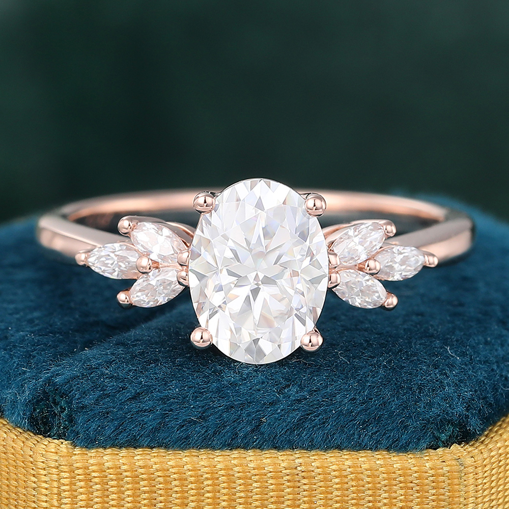 Juyoyo Rose Gold Oval Cut Moissanite Engagement Ring Diamond Accents Women's Bridal Ring