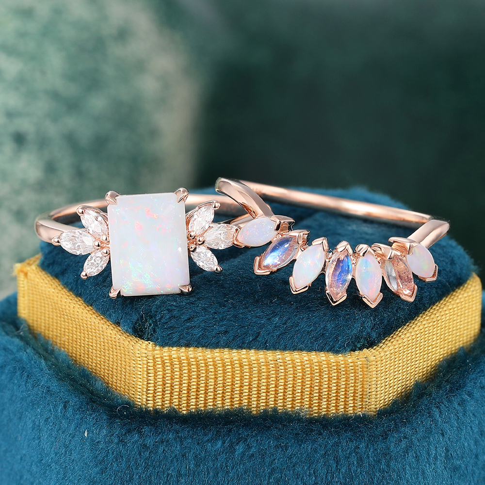 Emerald Cut Opal Bridal Ring Set with Moonstone Wedding Band Set in 14K Rose Gold - 2pcs