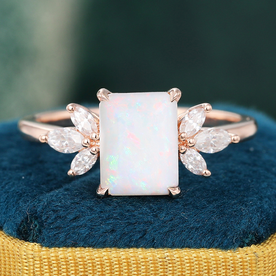 Emerald Cut Opal Engagement Ring Diamond Cluster Ring for Women Anniversary Gift
