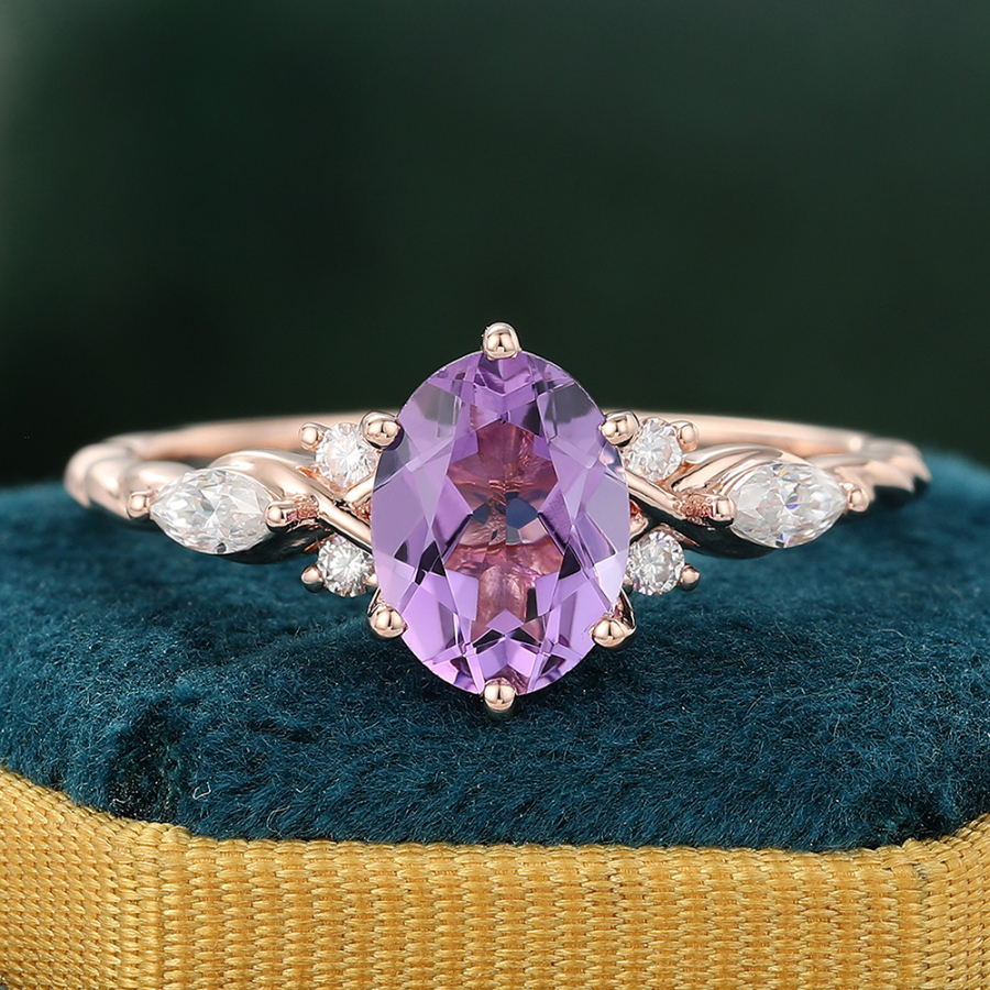 Oval Purple Amethyst & Diamond Engagement Ring Vintage Twist Ring in 14K Rose Gold