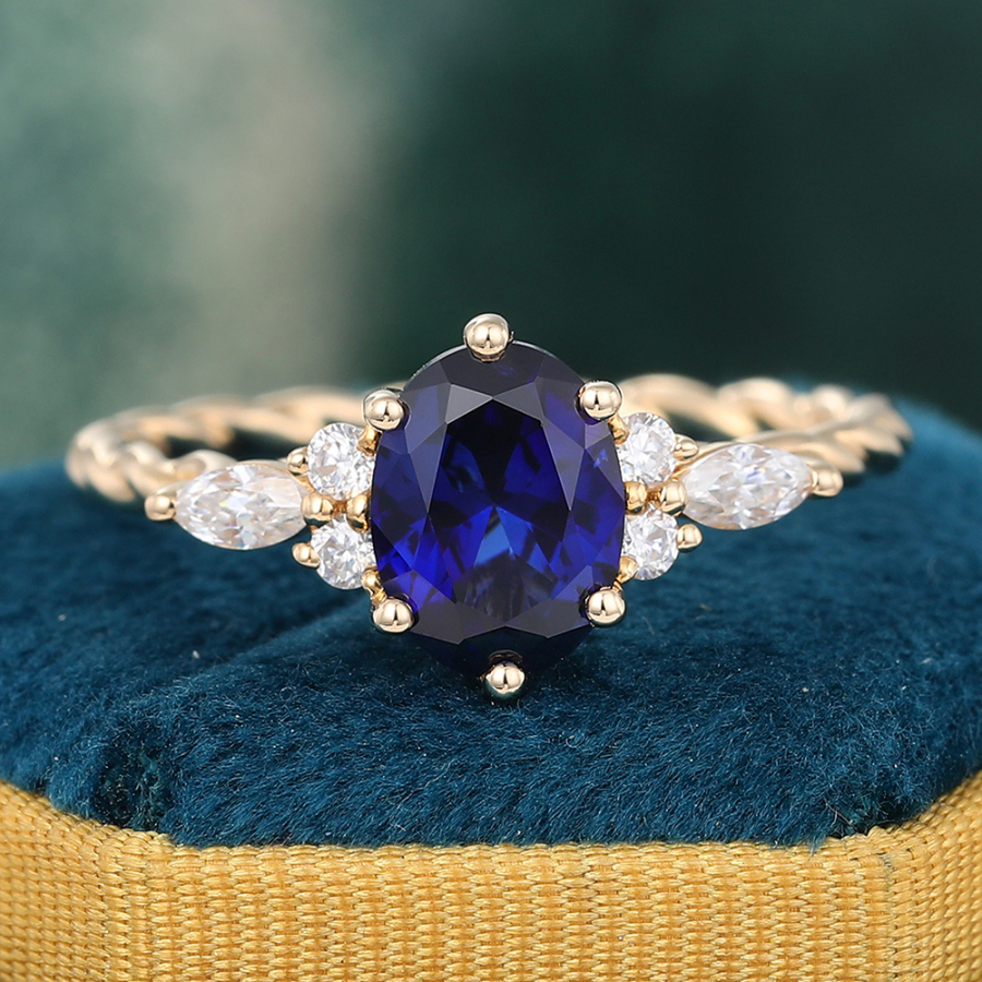 Oval Blue Sapphire Engagement Ring Gold Sapphire Ring Vintage Moissanite Wedding Bridal Ring