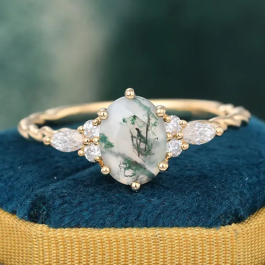 Juyoyo Oval Cut Moss Agate Rose Gold Twisted Engagement Ring