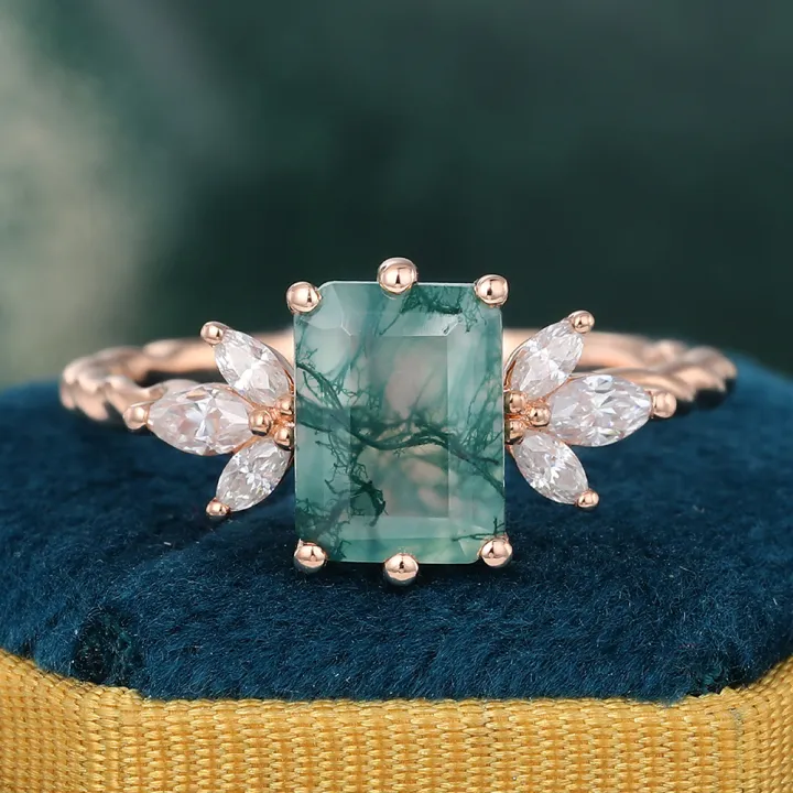 14K Rose Gold Prong Setting Emerald Cut Moss Agate Twisted Ring