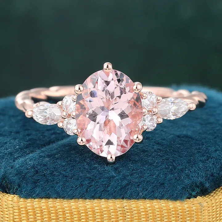 Juyoyo Twisted Oval Cut Morganite Side Stone Engagement Ring with Diamond Accents