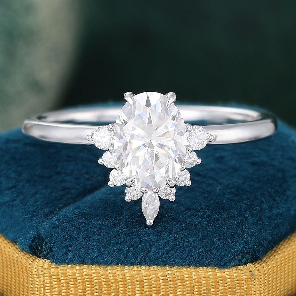 Oval Moissanite White Gold Cluster Engagement Ring
