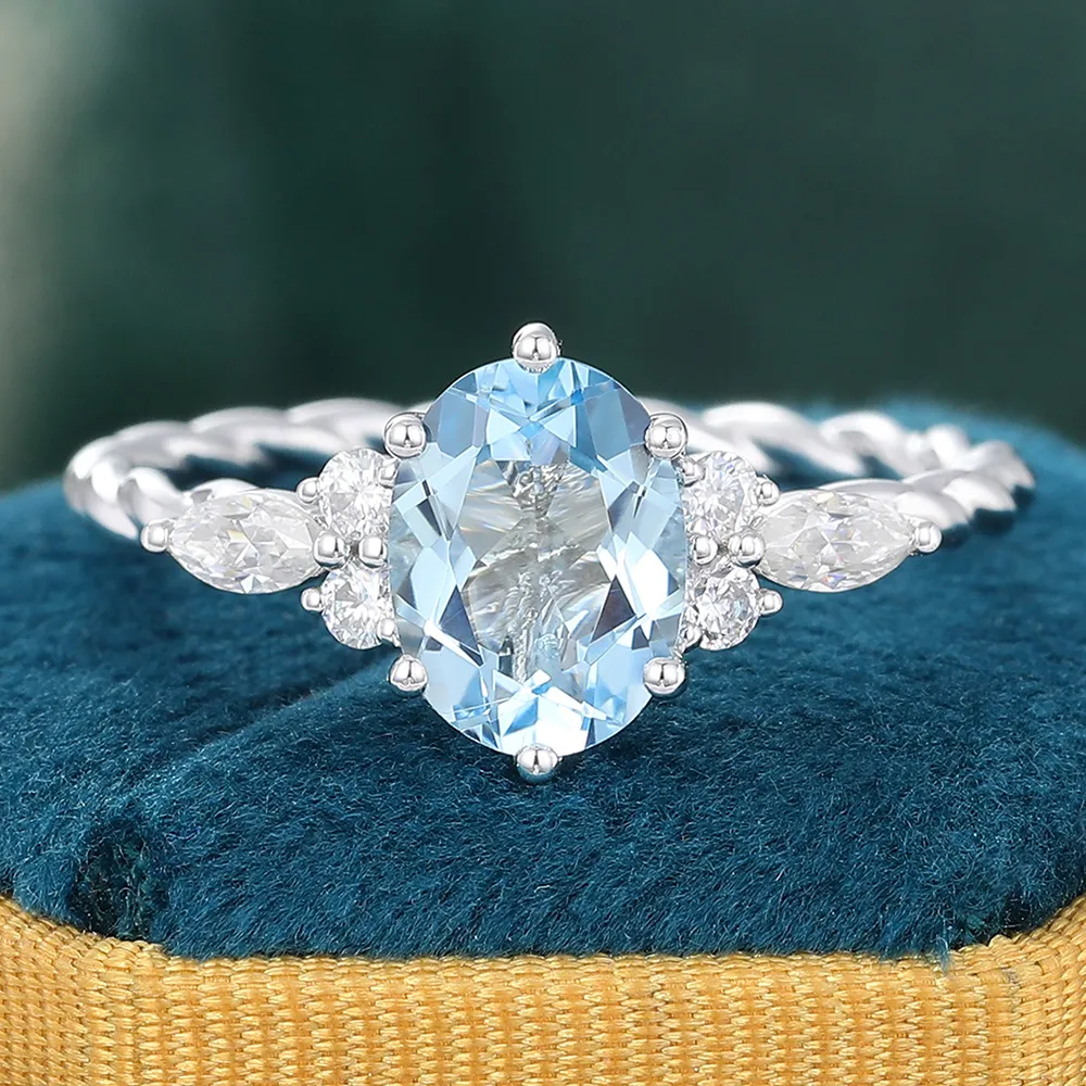 Juyoyo Twisted Oval Aquamarine Engagement Ring with Diamond Accent
