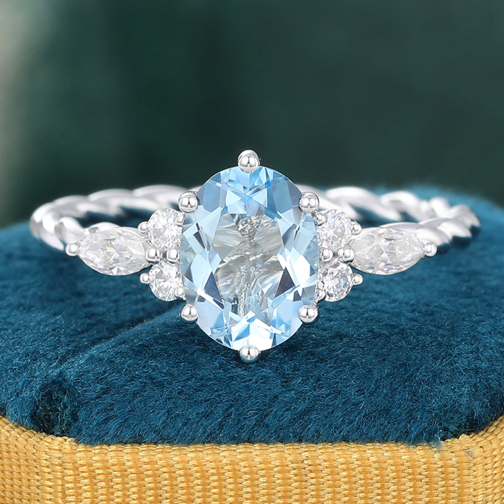 Juyoyo Twisted Oval Aquamarine Engagement Ring with Diamond Accent