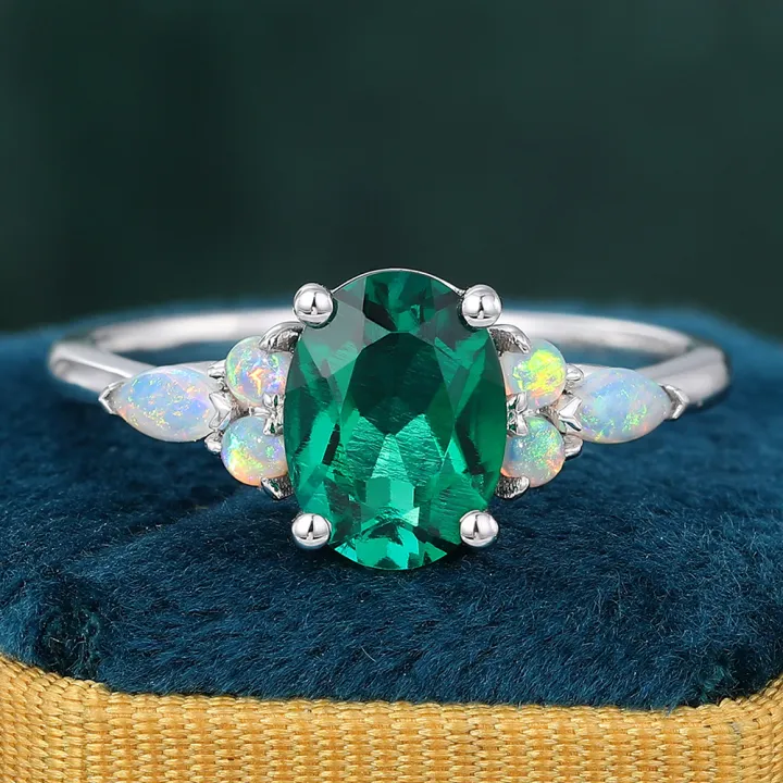 Juyoyo Oval Cut Lab Emerald White Gold Engagement Ring