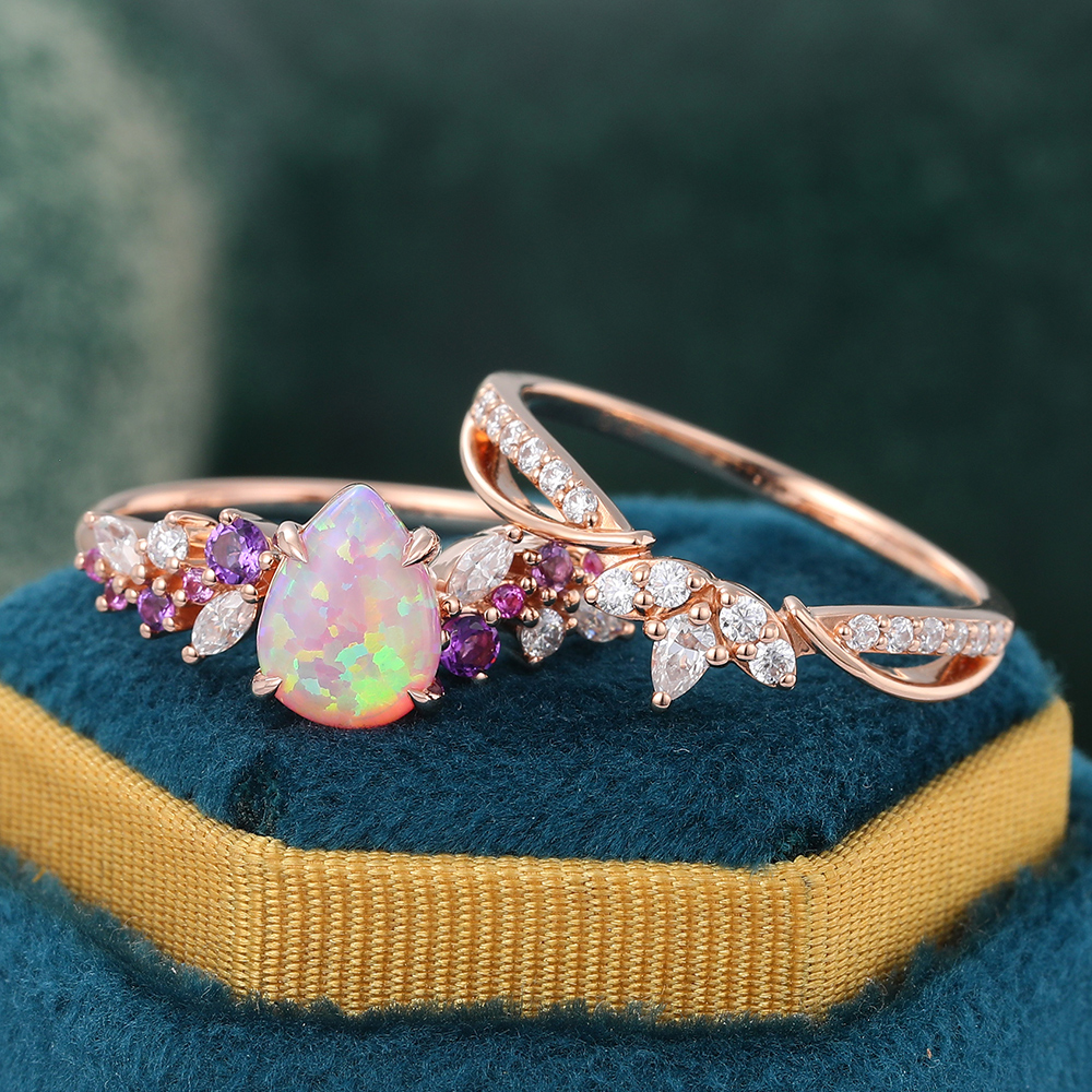 Juyoyo Pear Shaped Pink Opal Bridal Ring Set Vintage Rose Gold Anniversary Promise Ring Set Women