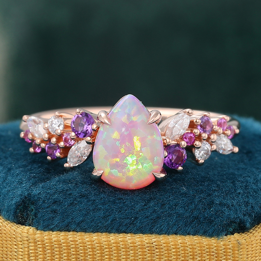 Pear Shaped Pink Opal Engagement Ring Sapphire & Amethyst & Moissanite Accents Wedding Ring