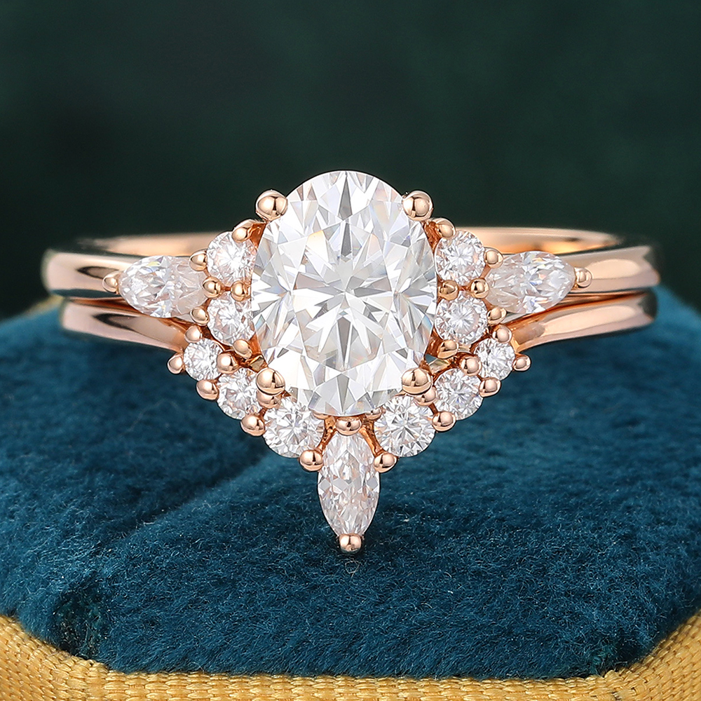 Juyoyo Rose Gold Oval Moissanite Wedding Set Diamond Cluster Engagement Ring Set for Women - 2pcs