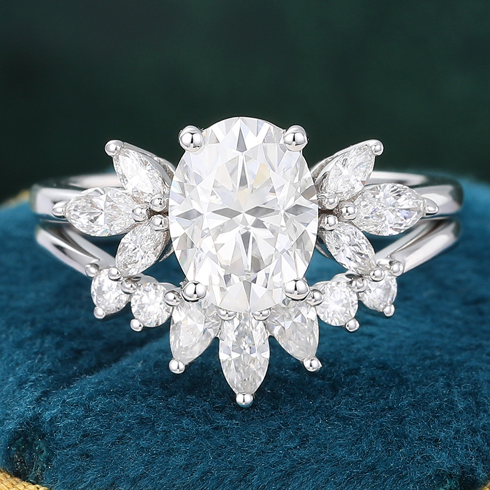 Juyoyo Dainty Oval Moissanite Bridal Ring Set White Gold Diamond Cluster Engagement Ring Set