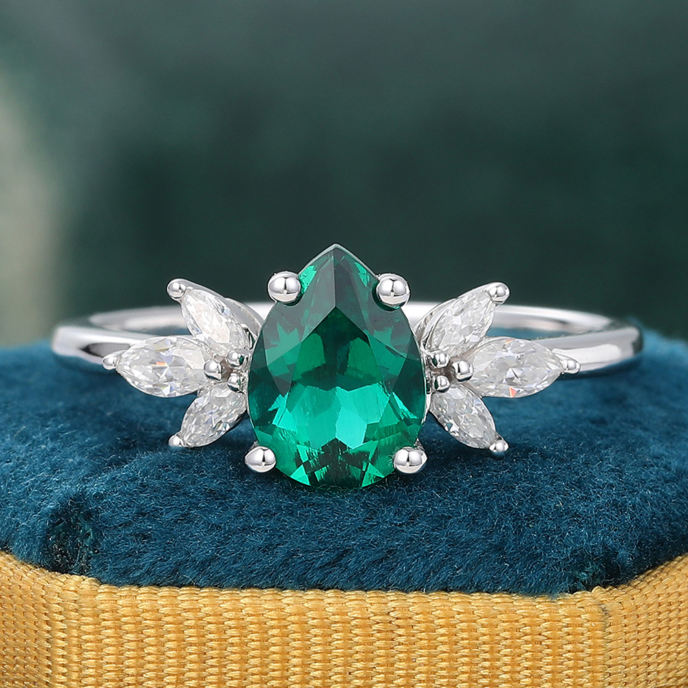 Juyoyo Pear Shaped Emerald Engagement Ring Diamond Cluster Promise Ring in 14K White Gold