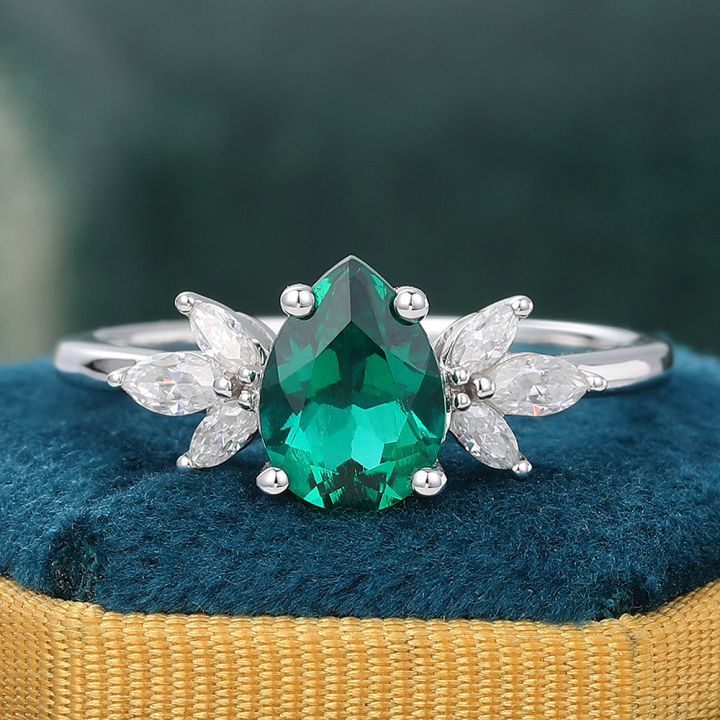 Pear Shaped Emerald Engagement Ring Diamond Cluster Promise Ring in 14K White Gold
