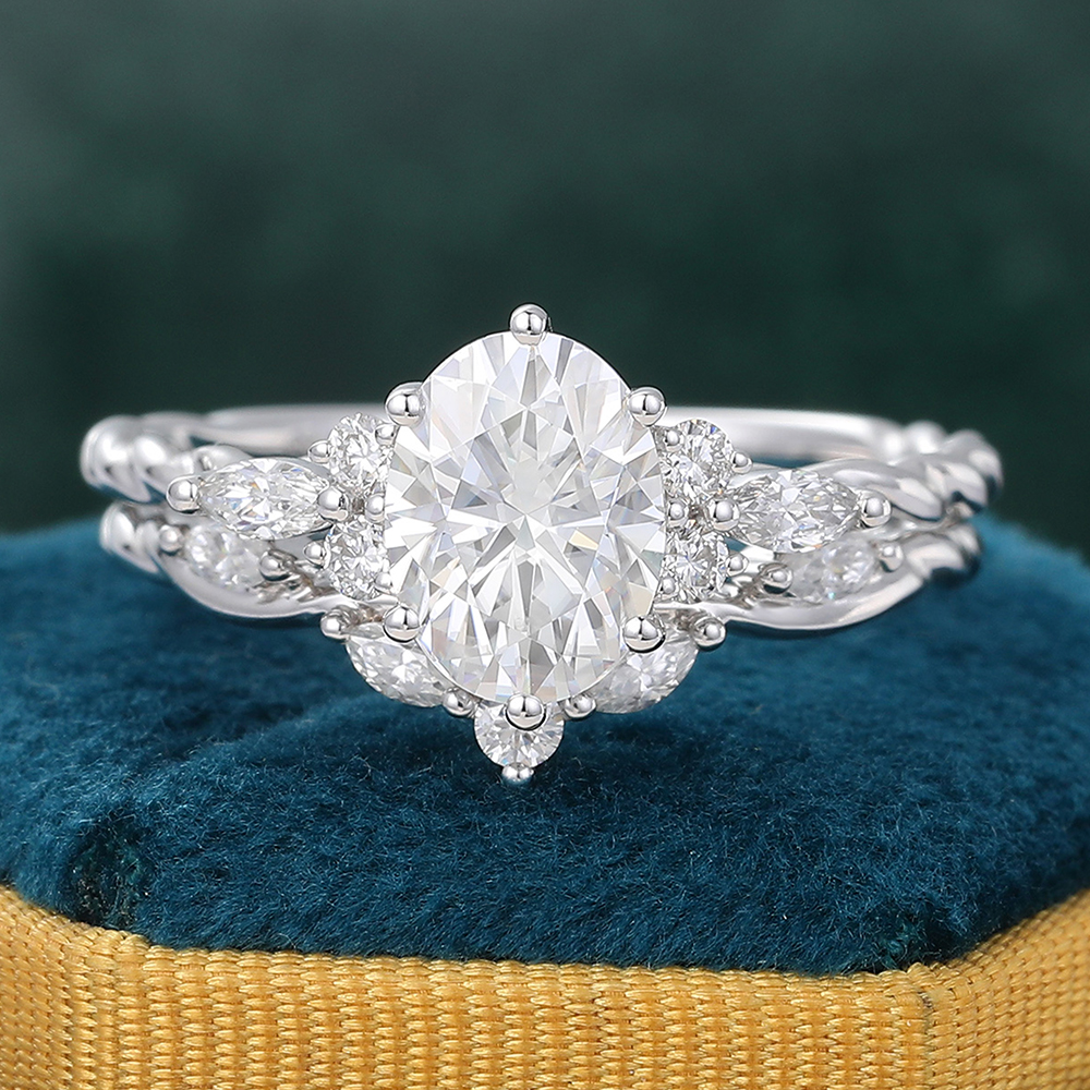 Juyoyo White Gold Oval Moissanite Wedding Ring Set Vintage Cluster Bridal Ring Set