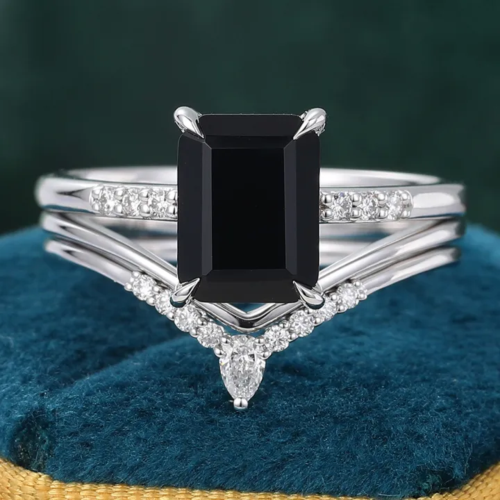 3pcs Emerald Cut Black Onyx Vintage Unique Engagement Ring Set in 14K White Gold