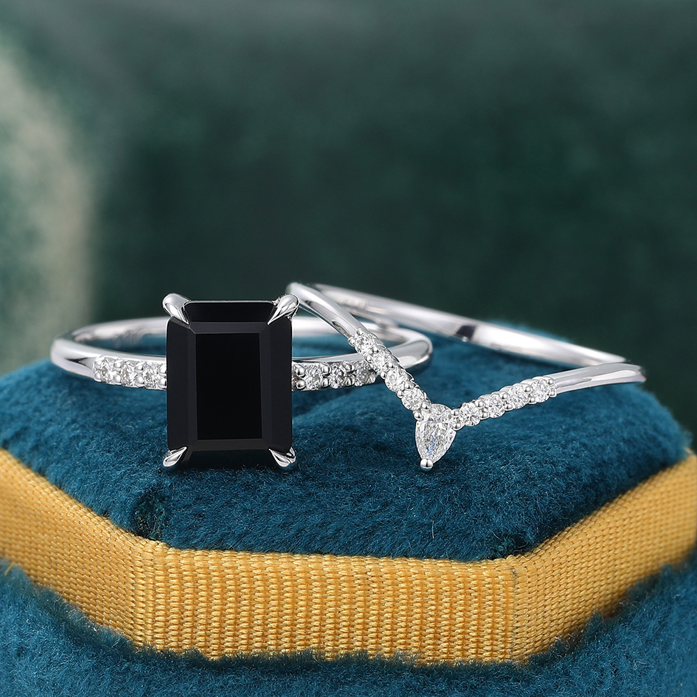 Vintage-Inspired Emerald Cut Black Onyx Ring Set with Diamond Accents in White Gold - 2-Piece