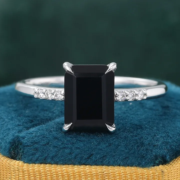 Emerald Cut Black Onyx Ring Unique Engagement Ring Pave Diamond Ring White Gold