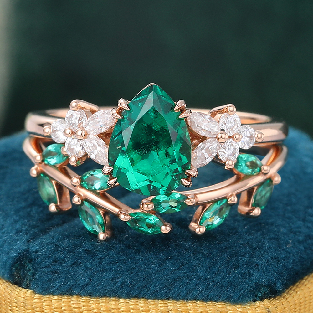 Juyoyo Vintage Pear Shaped Emerald Wedding Ring Set Nature Inspired Engagement Ring Set 14K Rose Gold