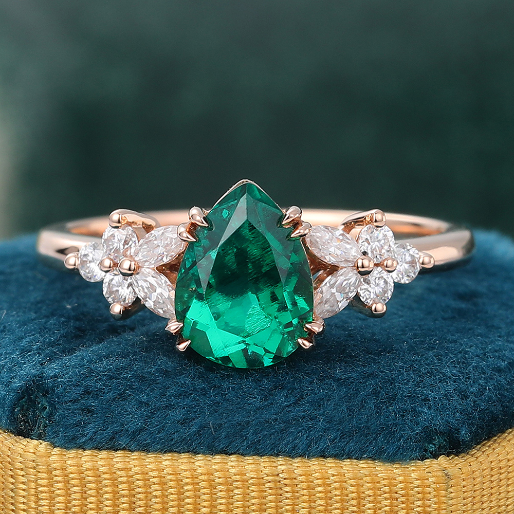 Emerald Engagement Ring Diamond Cluster Ring