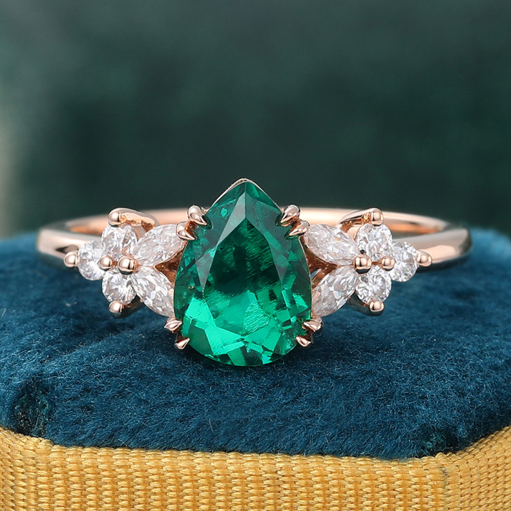 Pear Shape Lab Emerald Engagement Ring Diamond Cluster Ring