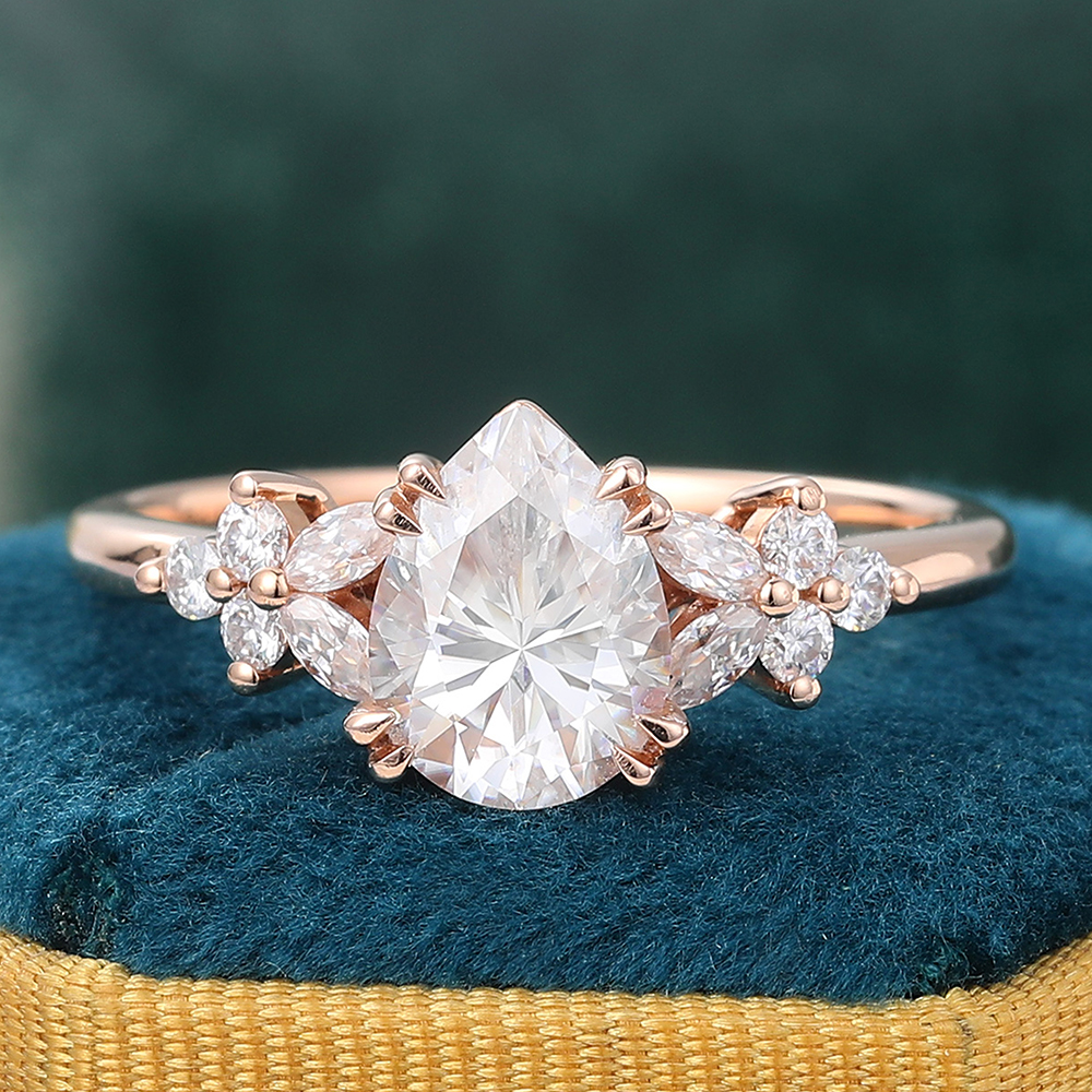 Juyoyo Pear Cut Teardrop Moissanite Engagement Ring Vintage Diamond Cluster Ring 14K Rose Gold