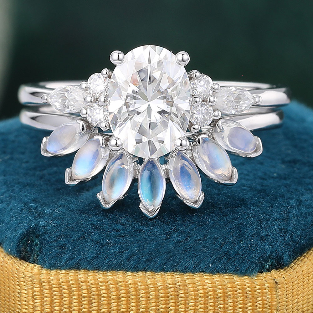 Juyoyo Oval Moissanite Bridal Ring Set with Moonstone Wedding Band Cluster Engagement Ring Set Silver