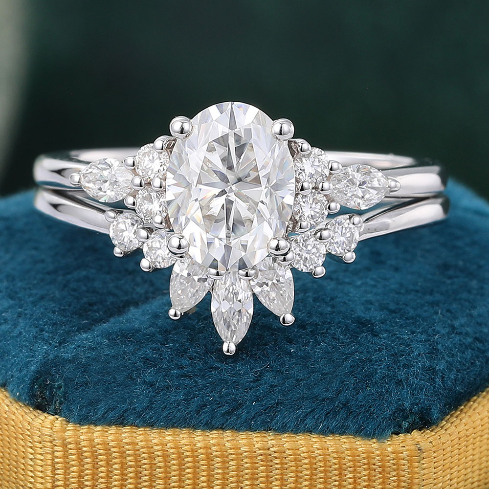 Juyoyo Oval Cut Moissanite Engagement Ring Set Dainty Cluster Bridal Ring Set 14K White Gold