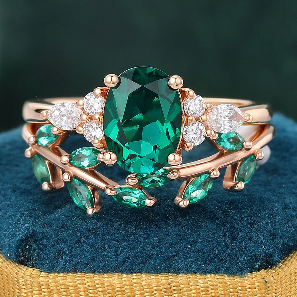 Juyoyo Oval Emerald Engagement Ring Set Cluster Bridal Set Nature Inspired Wedding Band Rose Gold