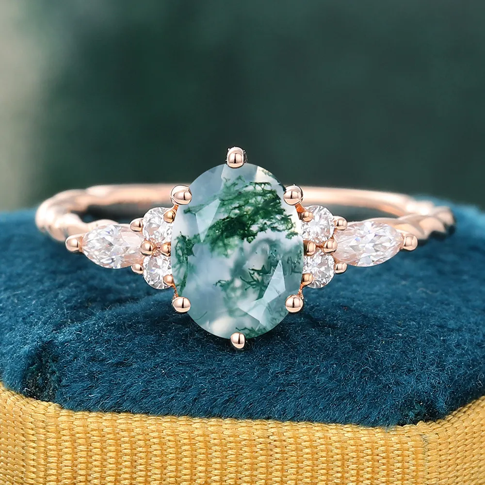 Juyoyo Oval Cut Moss Agate Rose Gold Twisted Engagement Ring