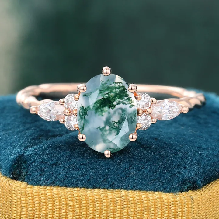 Juyoyo Oval Cut Moss Agate Rose Gold Twisted Engagement Ring
